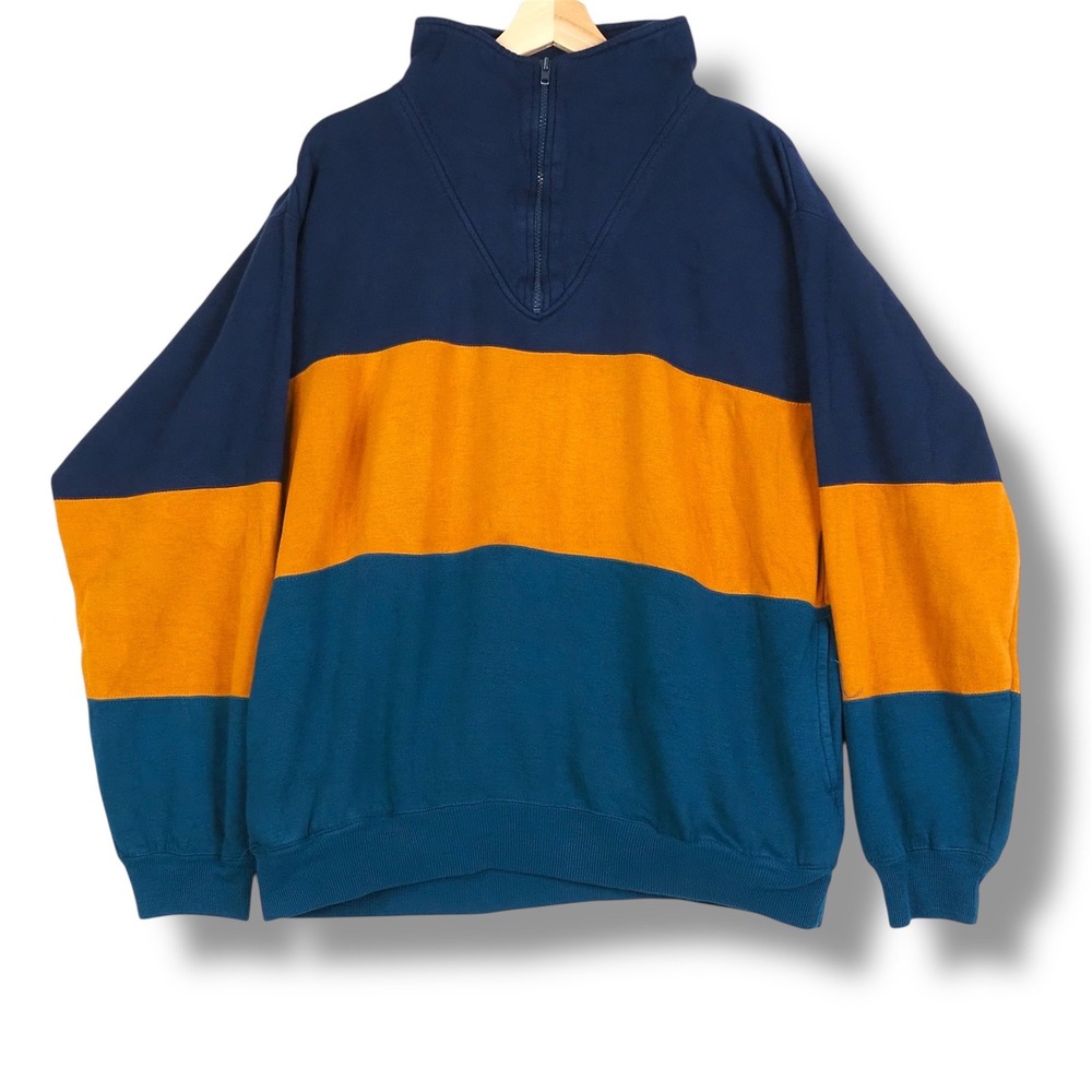 VTG Mens Colorblock Sweatshirt‎ Large Quarter Zip Navy Teal Mustard 90s Retro